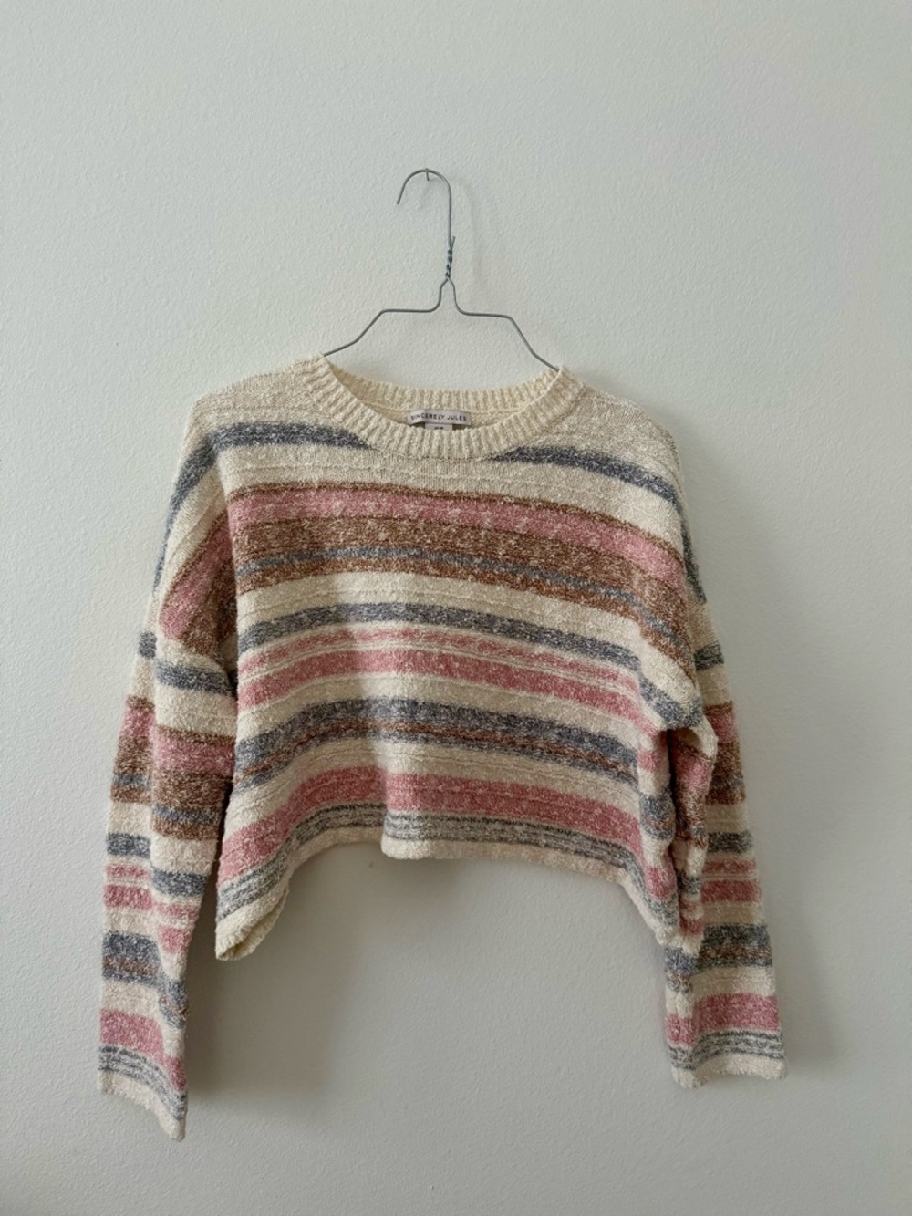 Sincerely Jules Striped Cropped Crewneck Sweater - Cream, Pink & Gray